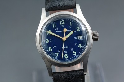 [Exc+5] HAMILTON KHAKI H683110 33mm Navy Dial Date Quartz Herrenuhr