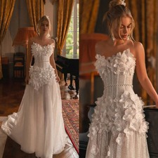 Elegant Wedding Dresses Woman's A Line 3-D Flowers Sleeveless Backless Glisten