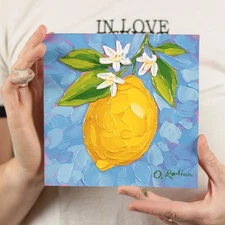 Original Lemon Oil Painting Textured Impasto Still Life 6x6 Kitchen Wall Art