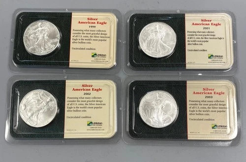4 US 1ozt .999 US Silver Eagle $1 1999 2001 2002 2003 BU toning Littleton pkg 74