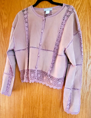 90's VNTG SMH Boutique Large Suede Leather Jacket Crochet Patchwork Design Boho