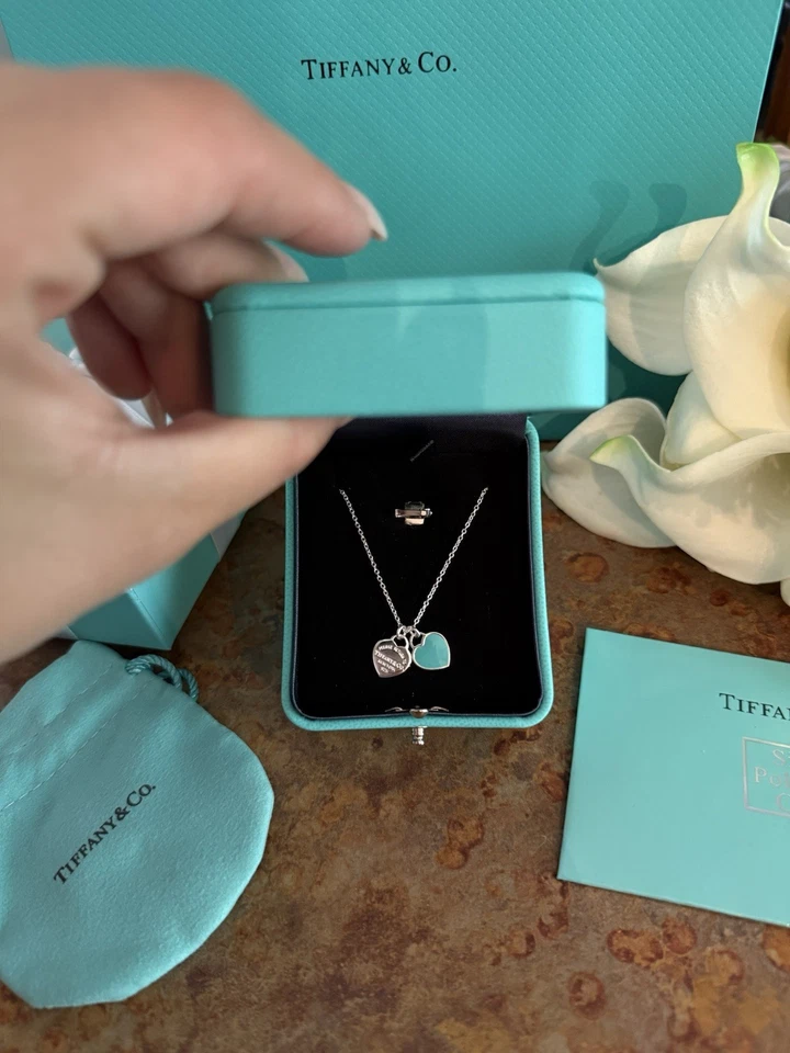 Tiffany & Co. Blue Double Mini Heart Tag Pendant Necklace ( 18” chain ) - Image 2 of 4
