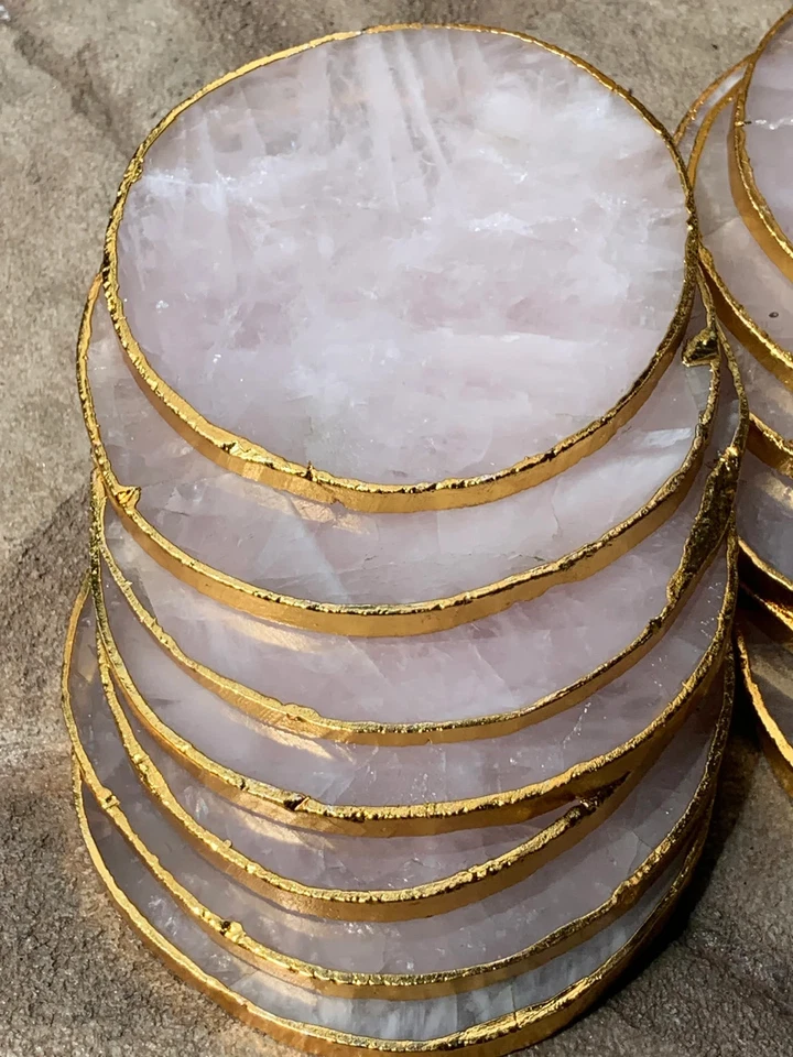 Posavasos de cuarzo rosa de 4" (4 pulgadas), geoda de ágata, montaña rusa, rebanada de ágata, borde dorado, pasador Foto 3 de 4