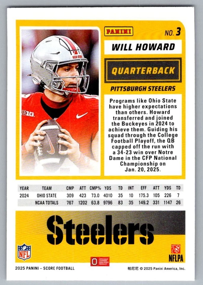 2025 Score Will Howard Rookie Pittsburgh Steelers #3 - Image 2 of 2