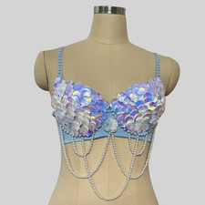 Women Handmade Belly Dance Samba Carnival Halloween Shell Pearls Top Bra