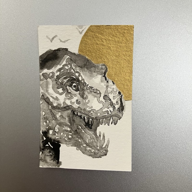 ORIGINAL Trex Dinosaur Painting Miniature realism Art Sumi-e Gold Ink USA Ettina