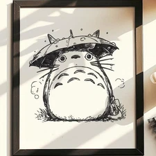Hand Drawn (Not a Print) My Neighbor Totoro Framed Pen & Ink Art Drawing