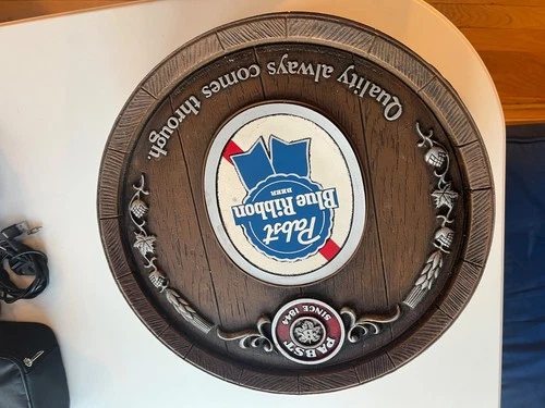 Vintage Pabst Blue Ribbon Beer Barrel End Keg PBR 16" Hanging Wall Sign Bar 2