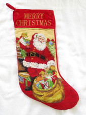 Needlepoint Christmas Stocking Santa  Toys "Merry Christmas" Velvet Backing 18"