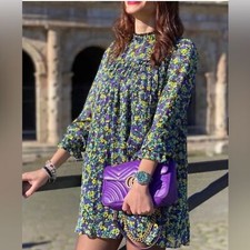 Zara Women’s Long Sleeve Printed Yellow Purple Floral Shift Mini Dress Size XS