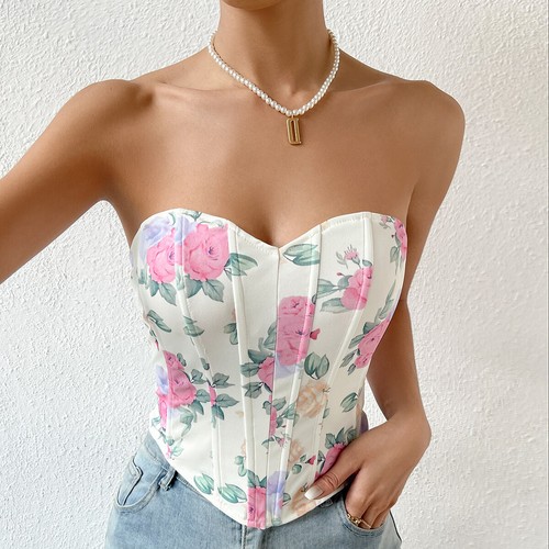 Mujeres Floral Sin Tirantes Corsé Top Corte Bajo Sin Mangas Bustier Verano Tubo Top - Imagen 3 de 29