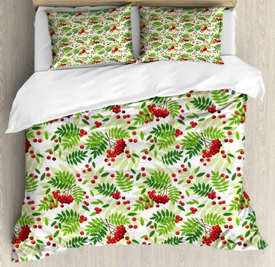 Rowan Duvet Cover Set with Pillow Shams Green Leaves Wild Fruits Print