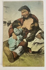 Vintage Hand-Colored Postcard~ Warm Meal At all Hours Native Woman Breastfeeding