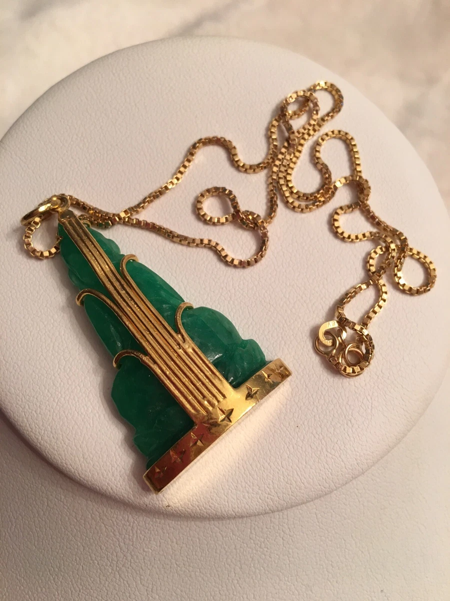24K Solid Yellow Gold Green Jade Buddha Pendant Necklace