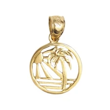 New 14k Yellow Gold Sunset Beach Scene Palm Tree Pendant