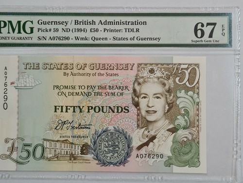 1994 Guernsey 50 Pounds PMG67 EPQ SUPERB GEM UNC【P-59】First Prefix A - Picture 2 of 3