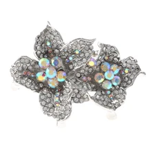 Silver Tone Stretch Metal Flower Ring With Crystal Rhinestone R1256-SAB