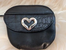 BRIGHTON Vintage Mini Heart Croc Embossed Black Leather Coin Change Purse Pouch