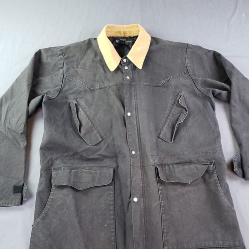 J Peterman Jacket Mens Medium Black Horsemans Riding Duster Canvas Corduroy Long - Picture 2 of 13