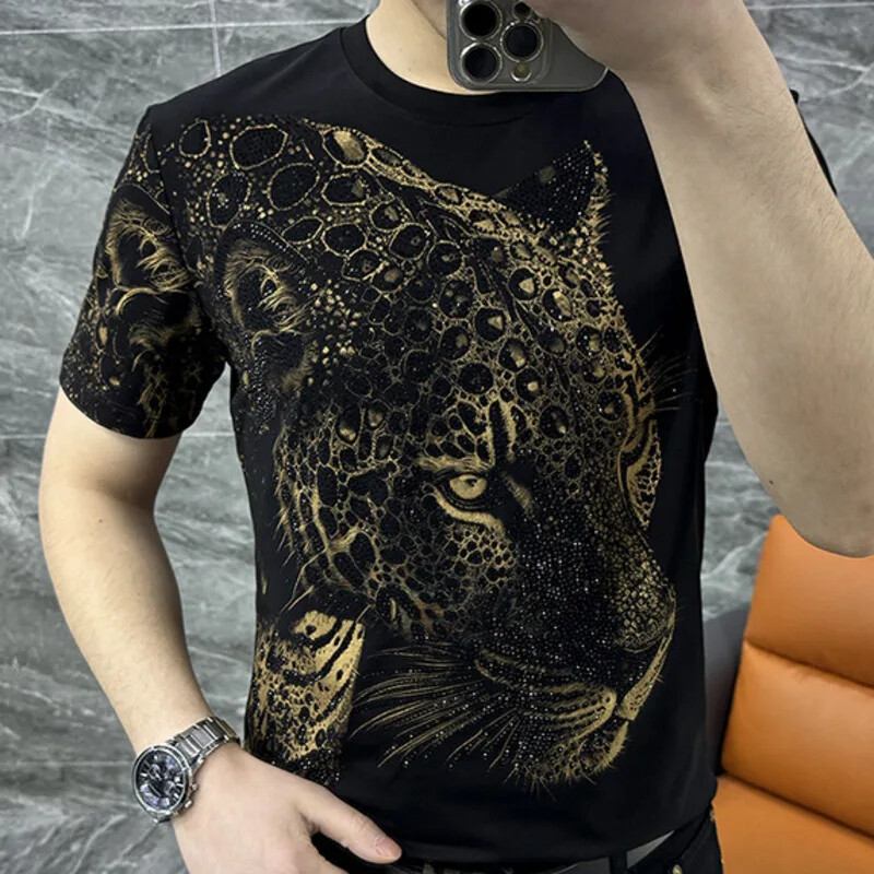 Tシャツ・カットソー LEOPARD SEQUINS T-SHIRT New Men Luxury Diamond Leopard Rhinestones Fashion Black T