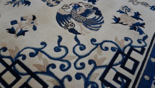 8'x10' Chinese Peking Hand Knotted Wool Phoenix Birds Blue Ivory Oriental Rug - Picture 17 of 23