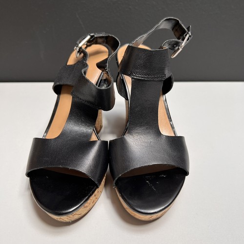 Franco Sarto Gitana Leather & Cork Wedge Sandal Black 6.5 M - Picture 4 of 9