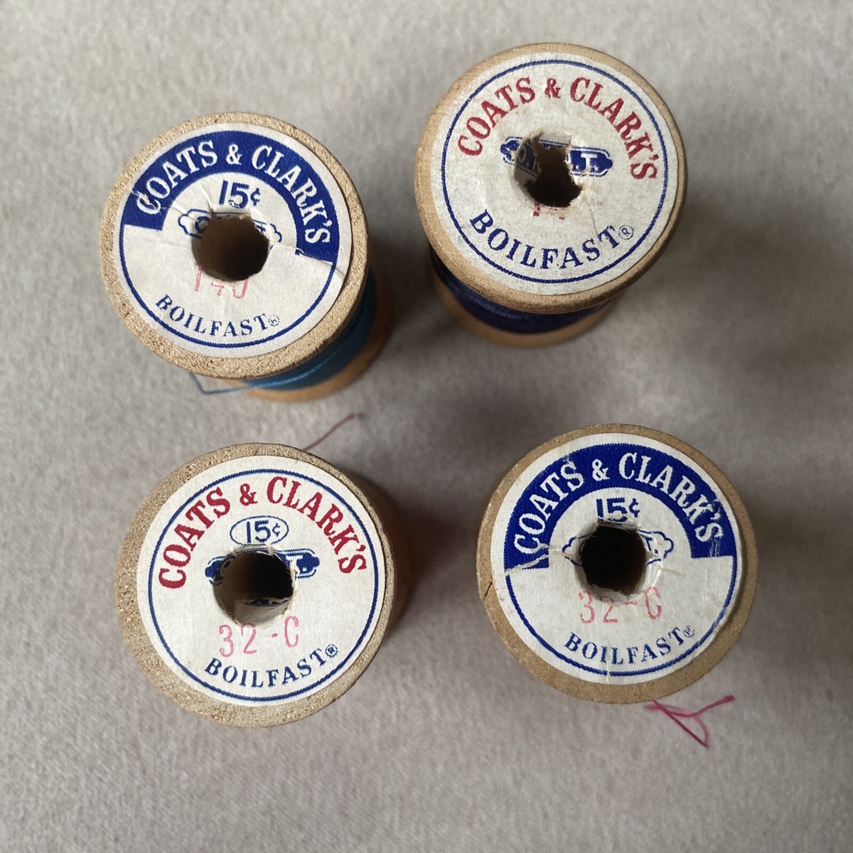 Vintage Lot of 4 Coats & Clark Boilfast Sewing Thread-Wooden 