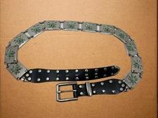 Black Leather Studded XL Mens Belt Linked Silver Tone 3D-Green Marijuana Leafs