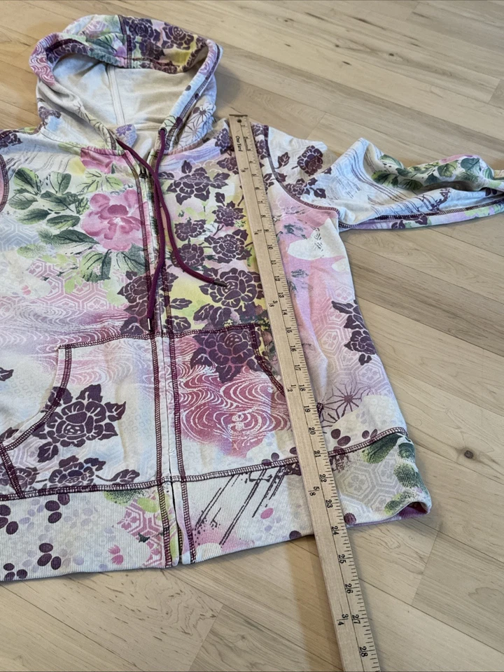 Y2K 00s-AOP-lucky brand-Cotton Sweatshirt hoodie zipup hippie-Floral-Boho-L - Image 4 of 4