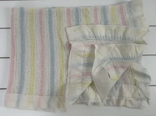 vtg Acrylic Baby Blanket Lovey Pastel Stripe Nylon Binding Waffle Weave - Flaw