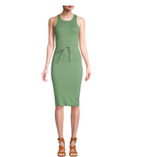 Saks Fifth Avenue Ribbed Sweater Dress XS Green Midi Bodycon Tie Waist Sleeveles
