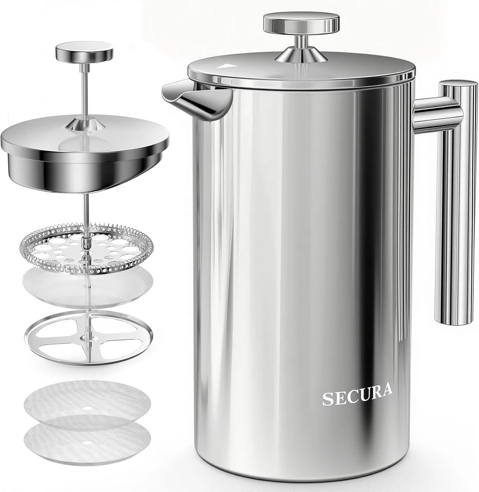 Cafetera prensa francesa aislada - Acero inoxidable 1L con filtro reutilizable Foto 3 de 4