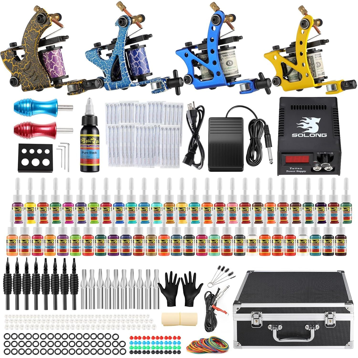 Complete Tattoo Kit 4 Pro Machine Guns 54 Inks Power Supply Foot
