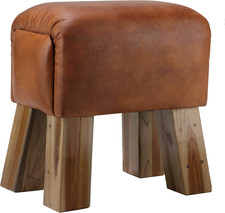 Gorgie Accent Stool in Brown Genuine Leather with Teak Legs Small