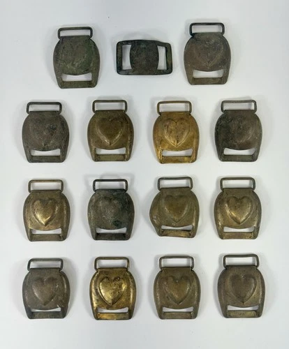 Lot Of 14 Antique Civil War Brass Cavalry Horse Harness Heart Belt Buckle Loops