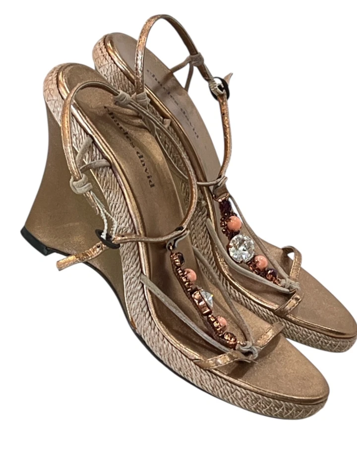 Woman Designer Strappy Gemstone Bronze Wedge Sandals in 8M by Charles David - Image 2 of 4