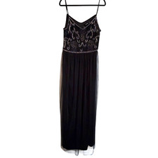Boohoo Maxi Prom Dress Womens 16 Black Paisley Embellish Micromesh Tulle Evening