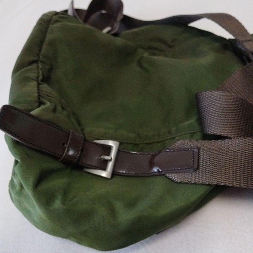 PRADA Backpack Dark Green Khaki Drawstring Nylon Leather Flap Authentic - Picture 8 of 11