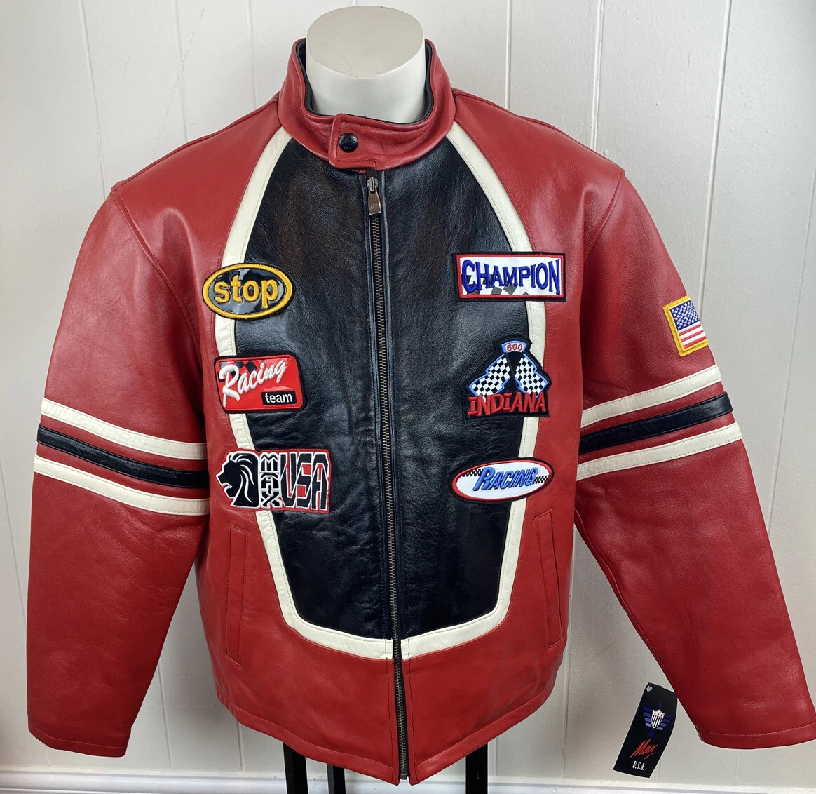 Vintage Max USA Leather Jacket Racing Patches Large Red/Black/White