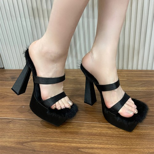 Womens Square Toes Thin Heels High Heels Slippers Korean Coarse Heel Slippers - Picture 12 of 13