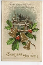 Christmas Postcard Holly Bells Snow Fence House Scene INTERNATIONAL ART PUBL Co.