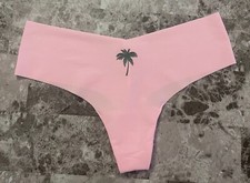 NWOT VICTORIA'S SECRET PINK GREEN PALM TREE RAW EDGE NO SHOW THONG PANTIES