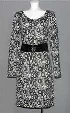 TAHARI Grey Black Circle Chains Wide Stretch Belt L/S Knit Dress Wms M NWT $138