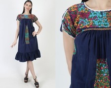 Navy Blue Oaxacan Dress Vtg Cotton San Antonio Hand Embroidered Caftan Sundress