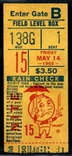 1965 BASEBALL TICKET METS REDS PETE ROSE HIT #344 TONY PEREZ RC 1st GAME @ SHEA!