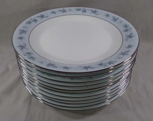 Set of 11 Noritake Bluecourt 6844 10-1/2" Dinner Plates Blue Leaves Platinum