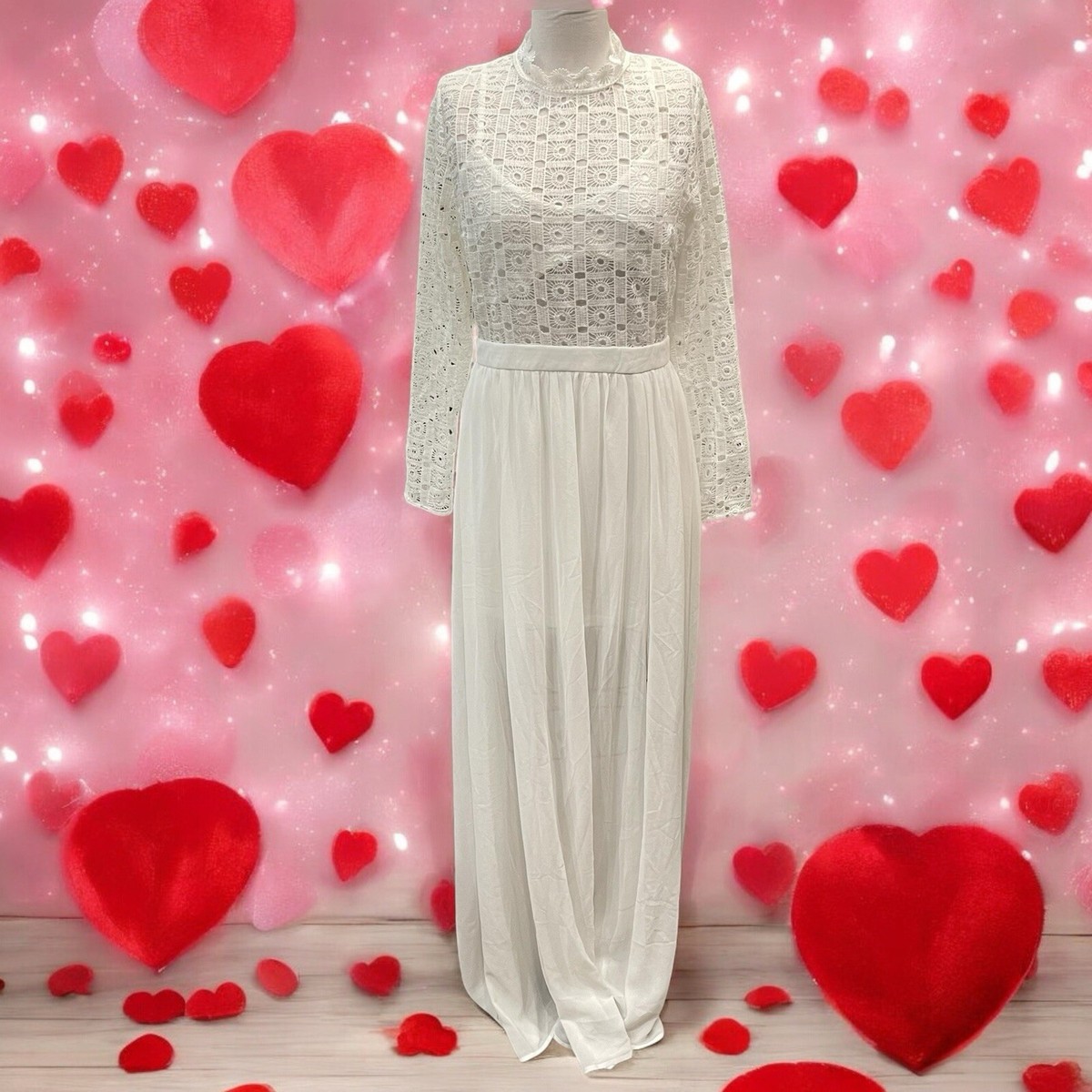 missguided chiffon dress White Lace Top Maxi Size 8 Long Sleeve Lined New Floral chiffon Sleeve Length Color:EUcalyptus tik_tok White Maxi Dress -
