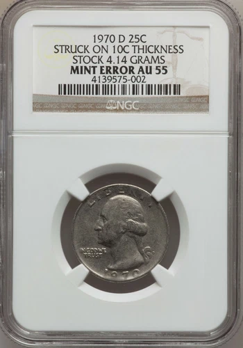 1970-D 25C Washington Qtr Struck On 10C Thickness Stock 4.14 Gram AU55 NGC (707)