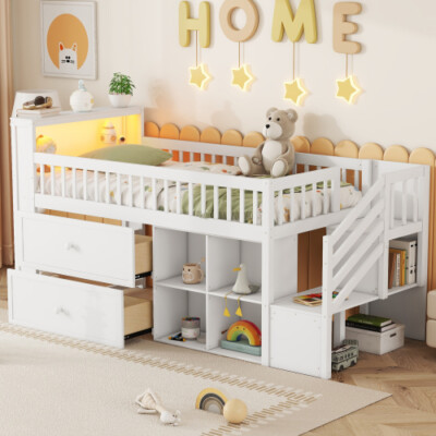 Low Loft Bed with LED Stairs and Storage Shelves Twin Size Wood Kids Bed Frames