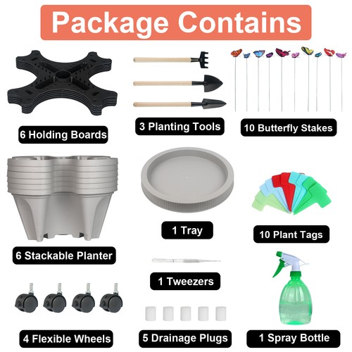 5-7 Tier Stackable Planters Vertical Planter Pot with 4 Wheels & Garden Tool Set - Picture 16 of 33